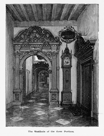 Beautifully Illustrated Antique Engraved Victorian Illustration of Vestibule of the Three Porticos in the Hall of the Provincial States Abbey, Zeeland, Netherlands 1887. Source: Original edition from my own archives. Copyright has expired on this artwork. Digitally restored.