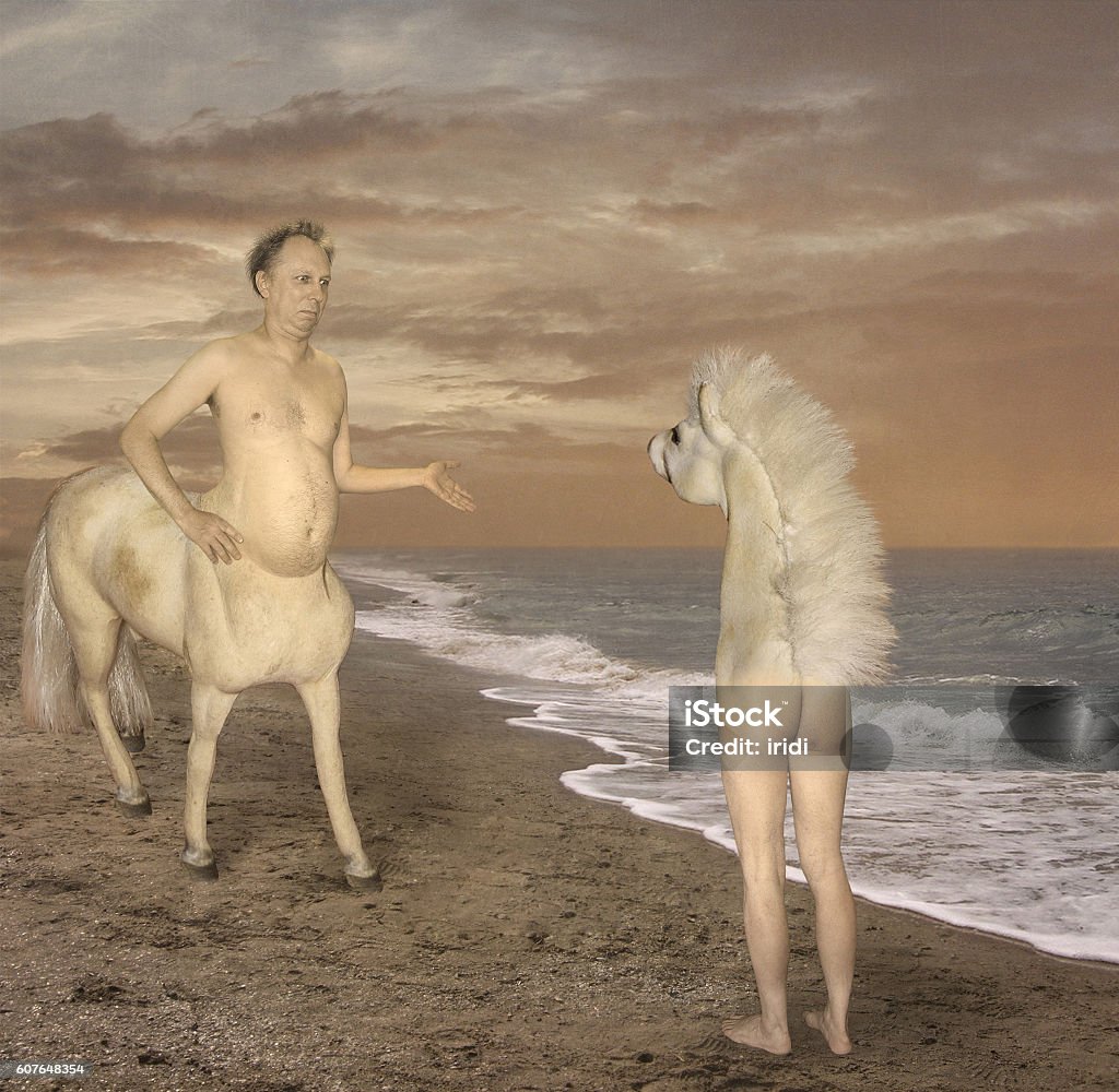 Unexpected meeting on the coast. A centaur has met the wrong half. He was very puzzled. Heat - Temperature Stock Photo