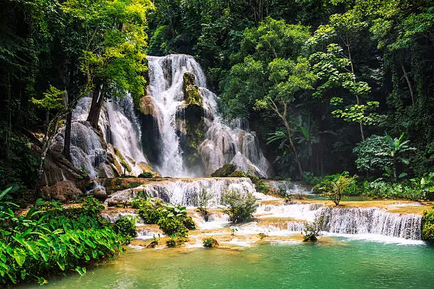 Kuang Si waterfall in Laos, Luang Prabang. Popular touristic destination during the sunny day