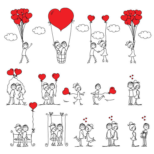 дудл детей - love valentines day heart shape kissing stock illustrations