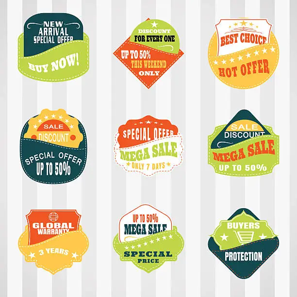 Vector illustration of Retro badges vector set for commerce with stitching in pockets.