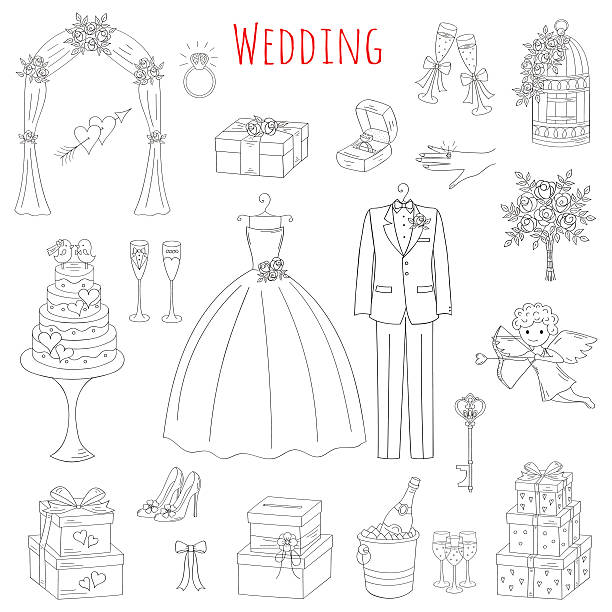 векторный набор нарисованных вручную свадебных иконок. - honeymoon wedding married engagement stock illustrations