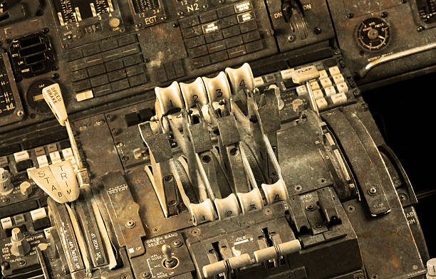 istock Center console and throttles in airplane 607652088