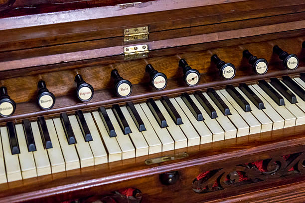 istock Close-up of antique reed organ harmonium 607652132