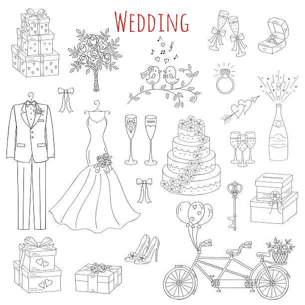 wektorowy zestaw ręcznie rysowanych ikon ślubnych - tort weselny stock illustrations