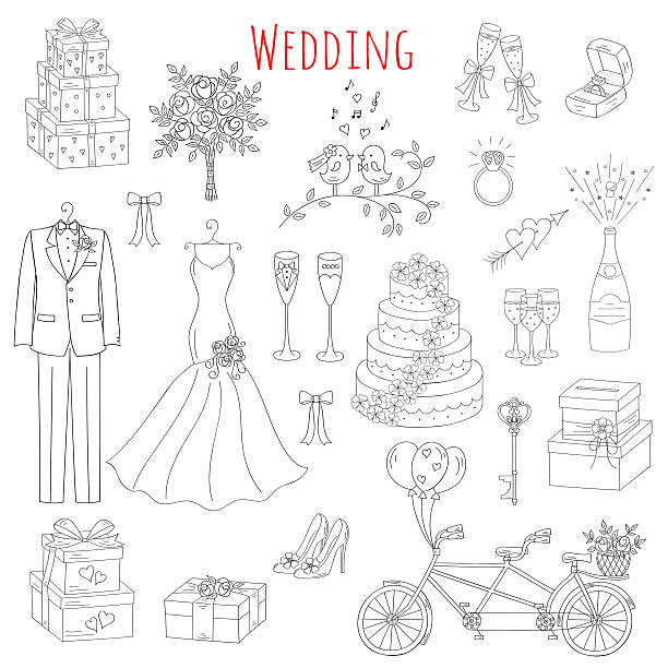 ilustrações de stock, clip art, desenhos animados e ícones de vector set of hand drawn wedding icons - bouquet wedding bride single flower