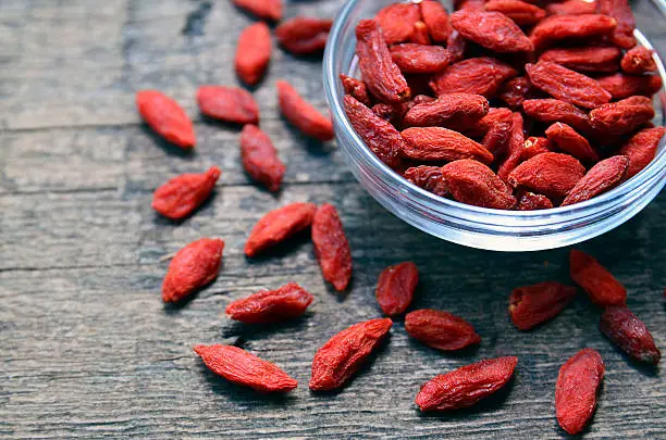 Red dried goji berries in a glass bowl on old wooden background.Selective focus.Healthy food or diet concept.