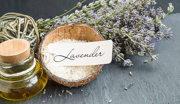 istock Lavender spa with label, oil, flowers and bath salt 607655680