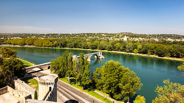 Bridge of Avignon and green trees stock photo