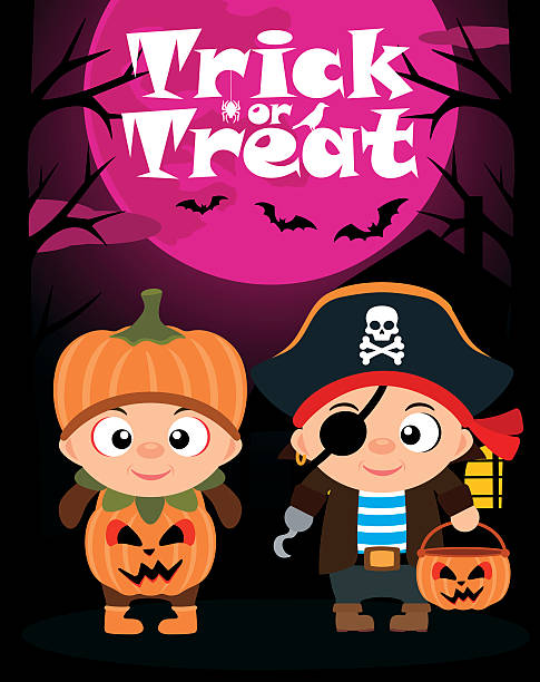 Halloween vector background trick or treating with children Halloween vector background  trick or treating with children in Halloween costume  nudie suit stock illustrations