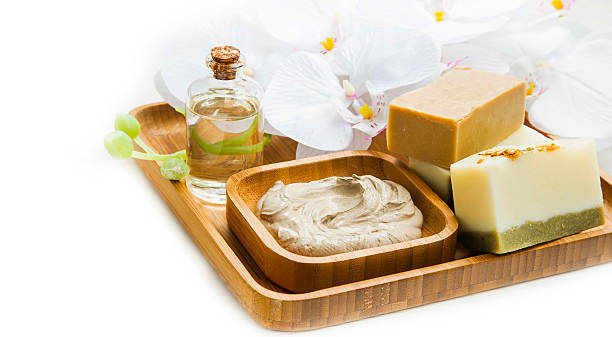 istock Spa still life with clay mask,natural soap and orchid 607733632