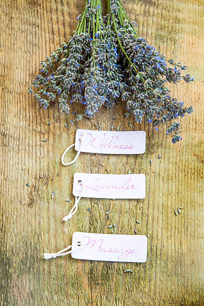 istock Wellness lavender massage labels with lavender bunch 607734214