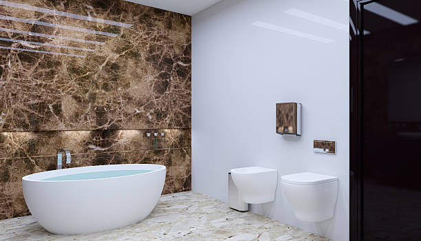 istock The minimalistic design of the bathroom. 3D Render 607735794