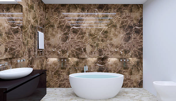 istock Modern interior of a bathroom in a city apartment. 3D Render 607736110