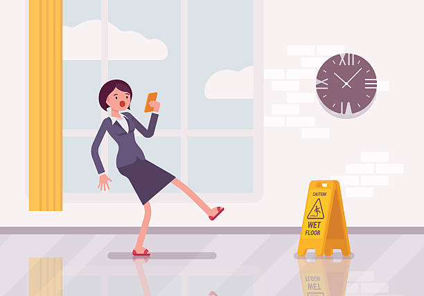 Woman with a smartphone slipps on the wet floor Woman with a smartphone slipps on the wet floor. Cartoon vector flat-style concept illustration cartoon fishing hook stock illustrations