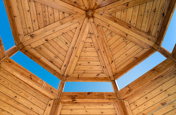 istock Wooden housing construction - top part 607738286