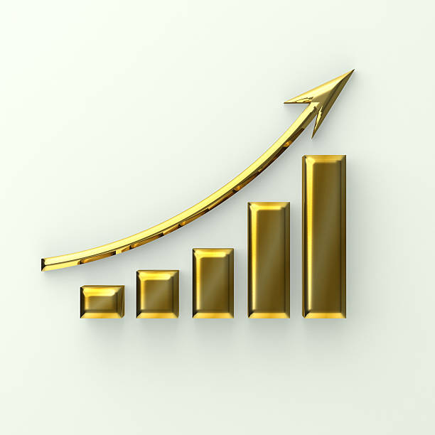 istock Golden finace bar with curve up arrow. 3D 607741920