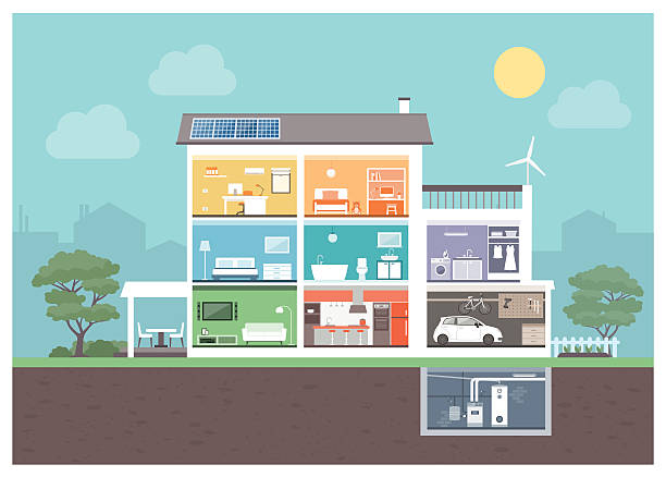 ilustrações de stock, clip art, desenhos animados e ícones de casa moderna secção - interior