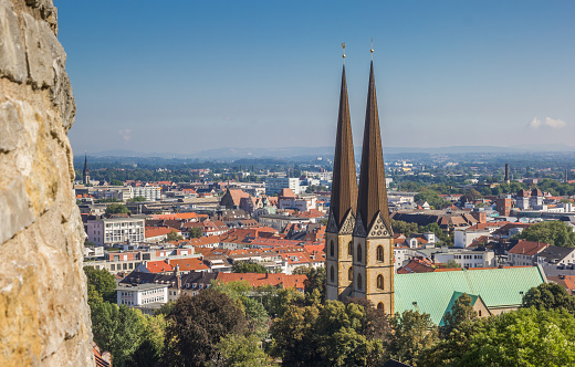 aerial view drone footage of the famous Zurich along the Limmat river international  landmarks such as the Grossmunster cathedral and the lake bridge in Switzerland largest city.