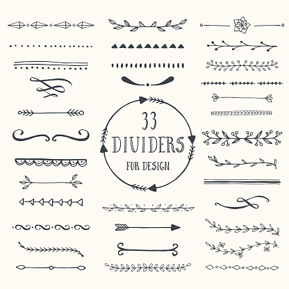 Collection of handdrawn borders made with brush and ink. Line and dividers for design. Ink borders. Vector dividers.