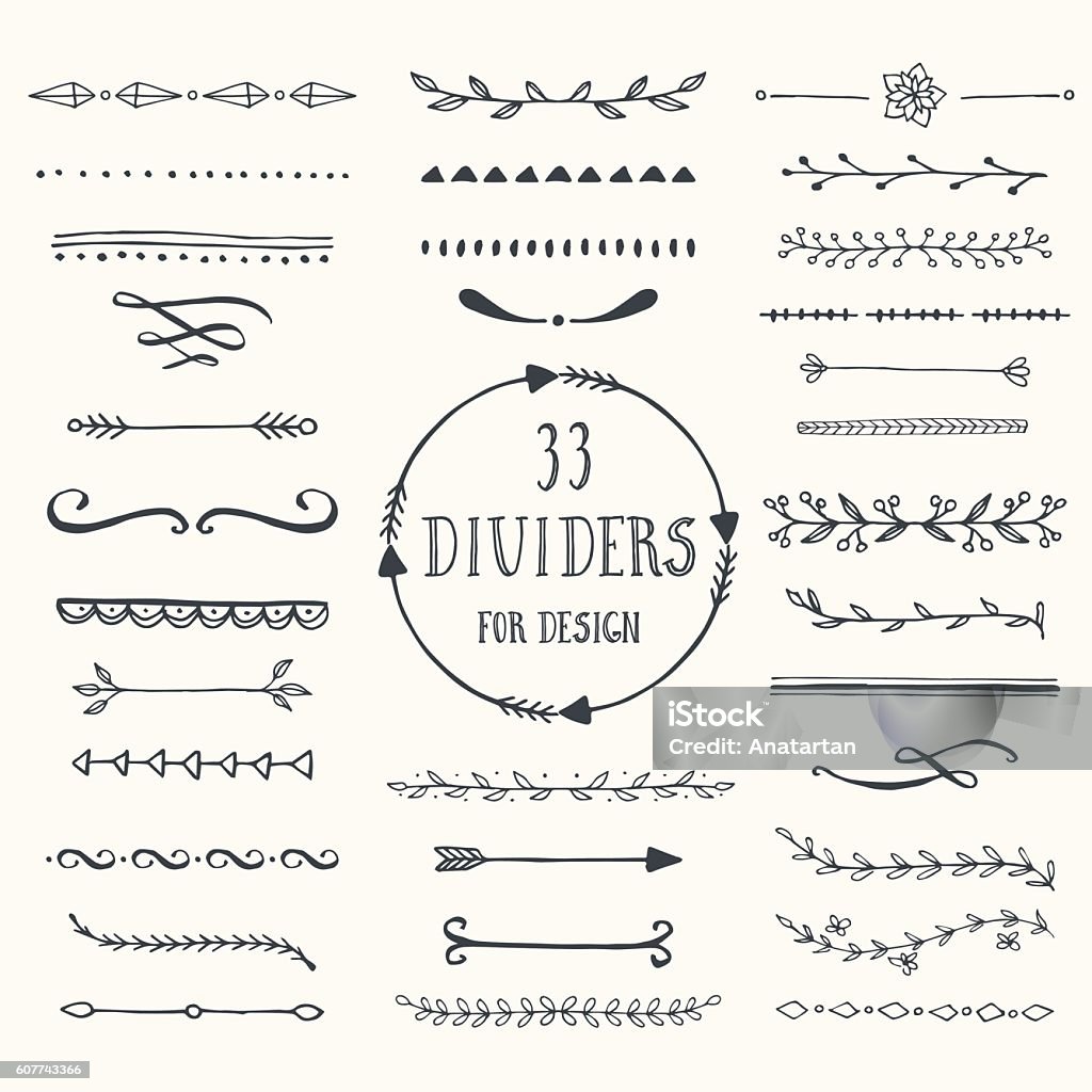 Vector dividers Collection of handdrawn borders made with brush and ink. Line and dividers for design. Ink borders. Vector dividers. Dividing stock vector