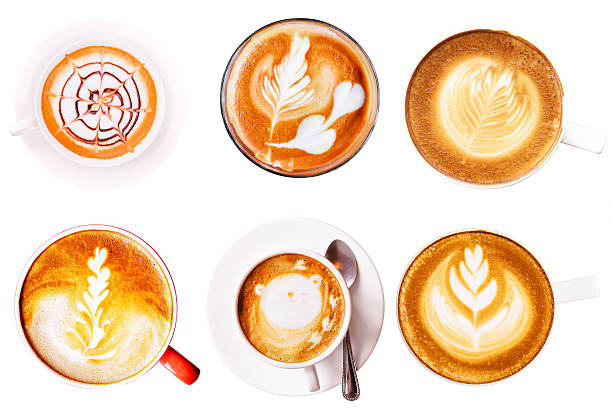 istock Top view collection of latte art coffee in cup on 607743564