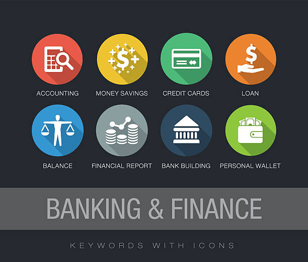 illustrazioni stock, clip art, cartoni animati e icone di tendenza di parole chiave banking & finance con icone - calculator currency organization leadership