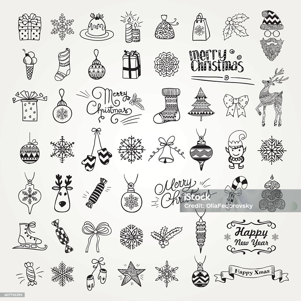 Set of Hand Drawn Artistic Christmas Doodle Icons. Set of Black Hand Drawn Artistic Christmas Doodle Icons. Xmas Vector Illustration. Outlined Sketched Decorative Design Elements, Cartoons. New Year Christmas stock vector