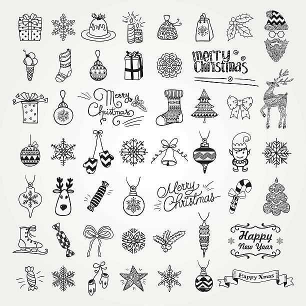 Set of Hand Drawn Artistic Christmas Doodle Icons. vector art illustration