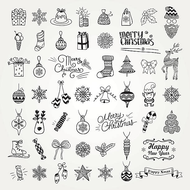 Set of Hand Drawn Artistic Christmas Doodle Icons. Set of Black Hand Drawn Artistic Christmas Doodle Icons. Xmas Vector Illustration. Outlined Sketched Decorative Design Elements, Cartoons. New Year santa toy bag drawing stock illustrations