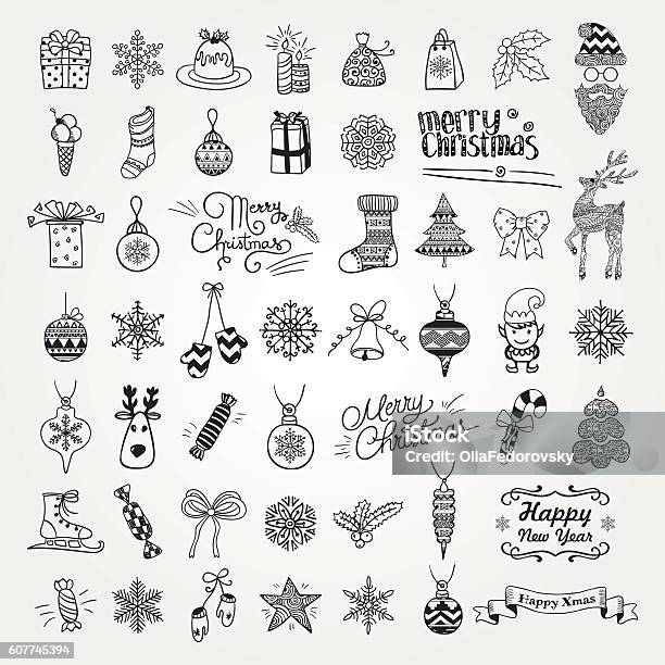 Set Of Hand Drawn Artistic Christmas Doodle Icons Stock Illustration - Download Image Now - Christmas, Icon Symbol, Doodle