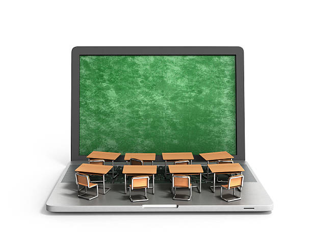 E-learning online education concept school desks stock photo