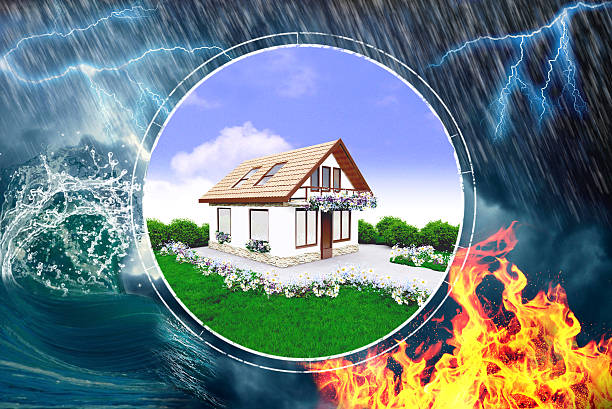 Small red fire extinguisher placed inside a toy wooden house isolated on white background. Home fire safety and prevention measures.