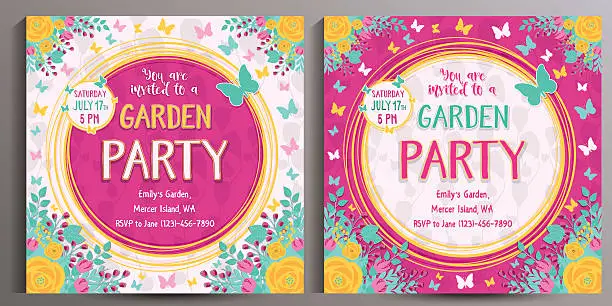 Vector illustration of Garden Party Invitation. Set of two Floral square cards