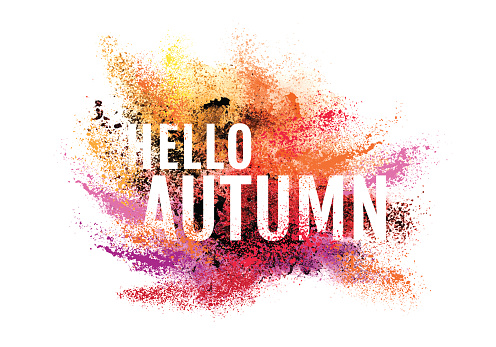 Autumn colorful particle explosion, powder paint cloud, vector over white background
