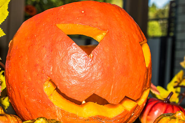 istock Jack O'Lantern cutout from a small pumpkin on wooden table 607755292