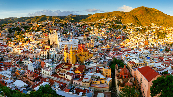Panoramic Aerial View of Guanajuato at sunset. Mexico.