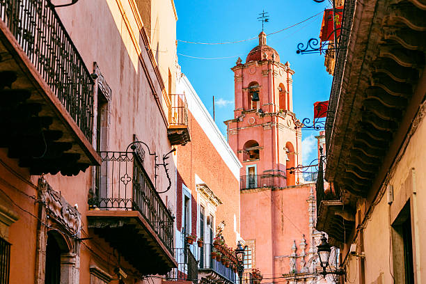 Street view of Guanajuato colorful houses. Mexico.