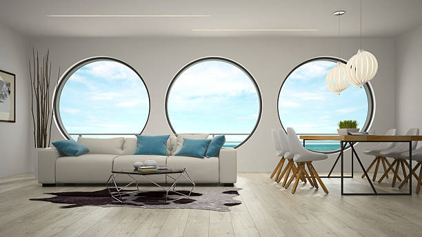 istock Interior of modern design room with sea view 3D rendering 607757038