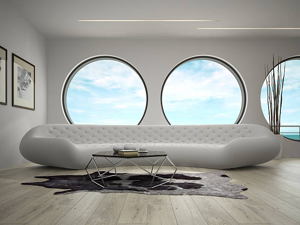 istock Interior of modern design room with sea view 3D rendering 607757144