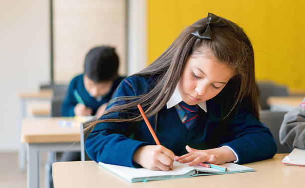 istock Beautiful girl studying at school 607758786