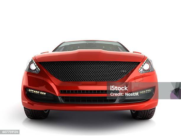 Red Car Front View 3d Render On Gradient Stock Photo - Download Image Now - Car, Front View, Three Dimensional