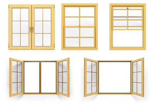 collection of wooden windows 3d render isolated on white background