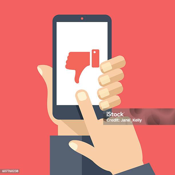 Hand Holding Smartphone Dislike On Screen Flat Design Vector Illustration Stock Illustration - Download Image Now