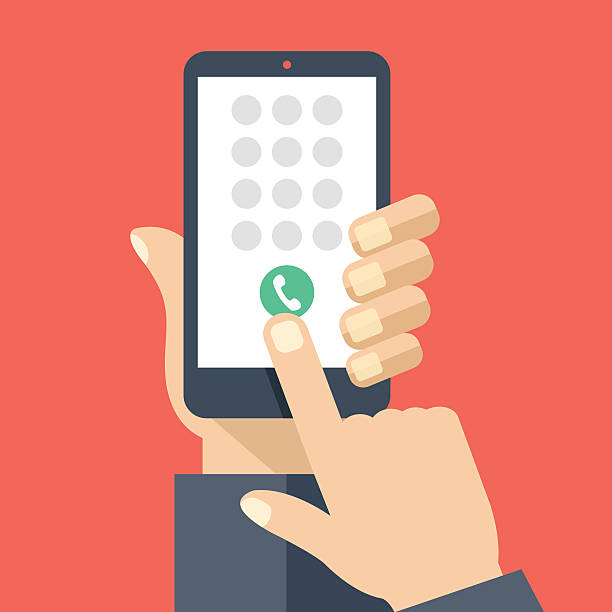 Keypad on smartphone screen. Mobile phone call. Flat vector illustration Keypad on smartphone screen. Mobile phone call. Hand holds smartphone, finger touches screen. Modern concept for web banners, web sites, infographics. Creative flat design vector illustration dialing stock illustrations