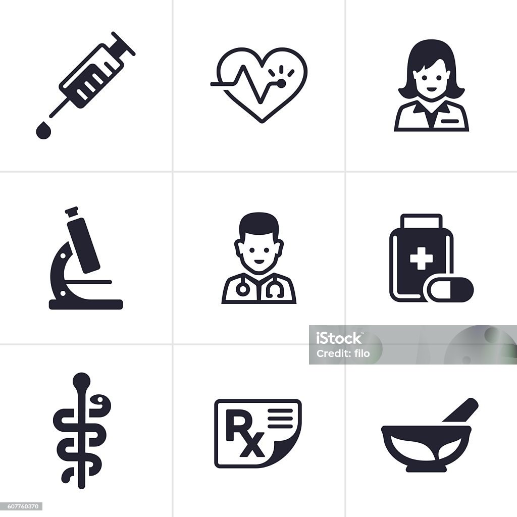 Health Care and Medical Icons Healthcare and medical icons and symbols including healthcare professionals, prescription drugs, research and development, pharmacy and prescriptions. Icon Symbol stock vector