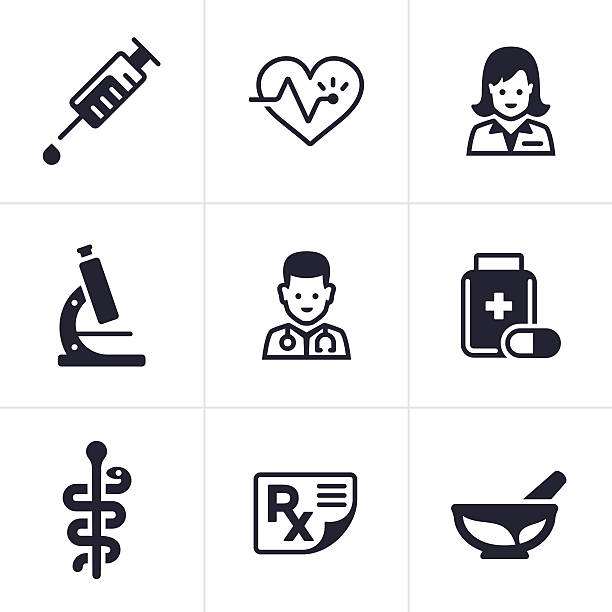 Health Care and Medical Icons Healthcare and medical icons and symbols including healthcare professionals, prescription drugs, research and development, pharmacy and prescriptions. medicare icons stock illustrations