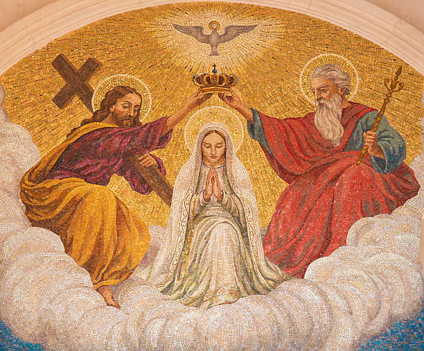 Coronation of Mother Mary by the Holy Trinity Fatima, Portugal - July 23, 2016: Painting of the Coronation of Mother Mary by the Holy Trinity at the Sanctuary of Fatima in Portugal. coronation photos stock pictures, royalty-free photos & images