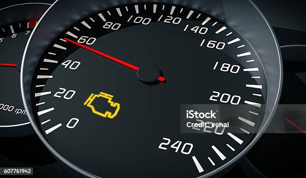 Engine Malfunction Warning Light Control In Car Dashboard 3d Illustration Stock Photo - Download Image Now