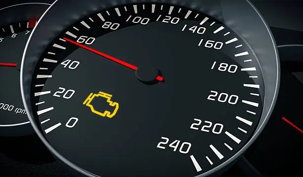 Photo of Engine malfunction warning light control in car dashboard. 3D illustration.